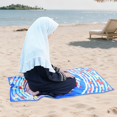 Children's Islamic Prayer Mat – Hajj Journey Theme, Soft German Velvet Material, Eco-Friendly & Safe, Educational Prophets Design, Perfect for Kids Learning Islam (Blue) - color: Blue