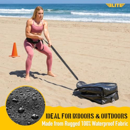 Elite Twin Sand Bag Sled Workout Sled – Waterproof UNFILLED Weight Sled Trainer with 6-Level 10–60 lb Resistance Pull System, Adjustable Waist Strap for Speed, Strength, Endurance & Agility Training