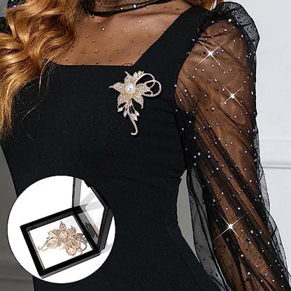 Crystal Pearl Flower Brooches Pins Fashion Beautiful Created Rhinestone Floral Brooch Good Idea for Party Dance Wedding Banquet for Elegant Women Girl - color: Gold Flower