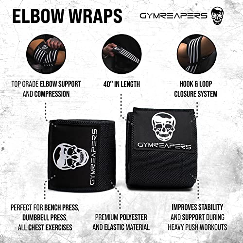 Gymreapers Weightlifting Elbow Wraps (1 Pair) - Flexible 40'' Elbow Compression Strap & Joint Support Brace - for Bench Press, Powerlifting, and Pressing - color: Black