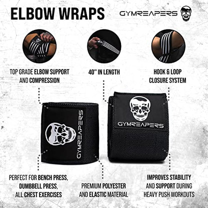 Gymreapers Weightlifting Elbow Wraps (1 Pair) - Flexible 40'' Elbow Compression Strap & Joint Support Brace - for Bench Press, Powerlifting, and Pressing - color: Black