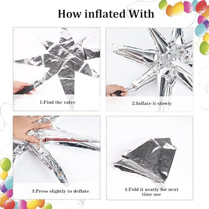 6 Pcs Silver Star Foil Balloons One-Piece 14-Pointed Star Balloon 4D Starburst Cone Mylar Balloon 22inch Christmas Birthday Wedding Wedding Anniversary Party Supplies (Silver + Gold) - color: 22 Inches Silver + Gold