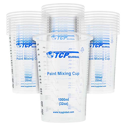 TCP Global 32 oz. (1000ml) Graduated Plastic Mixing Cups (Box of 25) - Disposable Plastic Measuring Cups for Liquids, Paints, Resin, Epoxy, Art, Kitchen - Ratios 2-1, 3-1, 4-1 ML