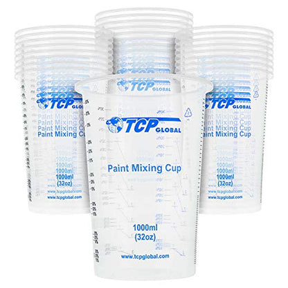 TCP Global 32 oz. (1000ml) Graduated Plastic Mixing Cups (Box of 25) - Disposable Plastic Measuring Cups for Liquids, Paints, Resin, Epoxy, Art, Kitchen - Ratios 2-1, 3-1, 4-1 ML