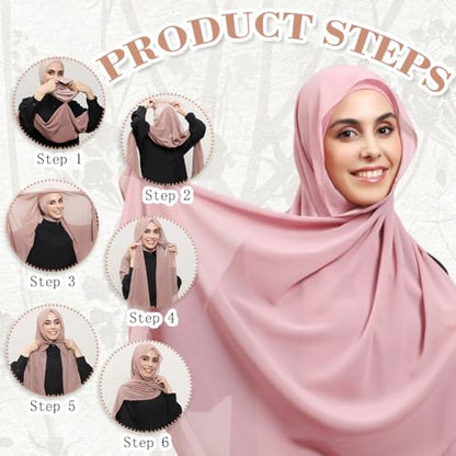 Women Instant Chiffon Hijab Set 3-in-1 Hijabs Scarf Muslim Soft Long Head Scarf with Built-in Magnets and Undercap - color: Pink