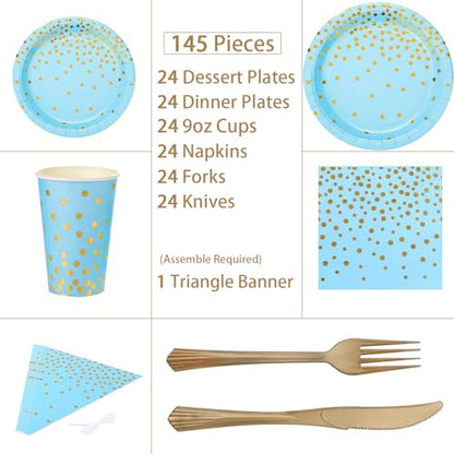Blue and Gold Party Supplies 145PCS Golden Dot Disposable Party Dinnerware Includes Paper Plates, Napkins, Knives, Forks, Cups, Banner, for Baby Shower, Boy Birthday, Serves 24 - color: Blue Gold (Serves 24)
