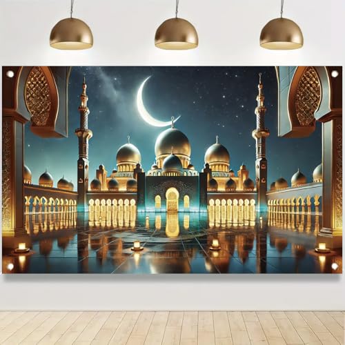Islamic Mosque Moon Banner 71x43 Inch Elegant Ramadan Kareem Eid Mubarak Decorations Crescent Mosque Night Scene Fabric Banner for Home and Event Decor - color: Style 5