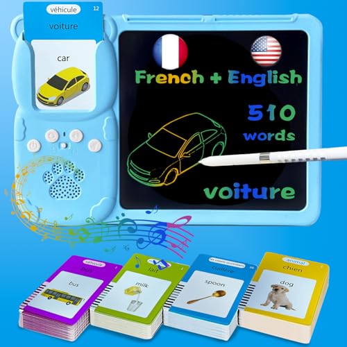 Drawing Writing Tablet for Toddlers - Bilingual Talking English French Flash Cards for Kids 3-12, Sensory Toys for Autistic Children, 510 Sight Words, Travel Activity (French, Blue) - color: French, size: Blue