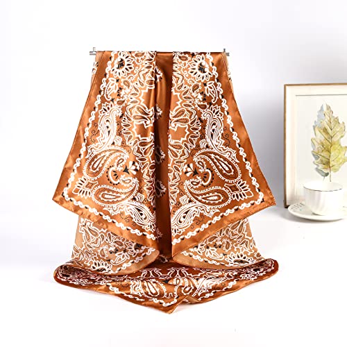 AWAYTR 35” Large Satin Square Head Scarf - 2Pcs Silk Like Floral Head Scarves Square Satin Hair Scarf Bandanas for Women - color: Cashews (Coffee+navy)