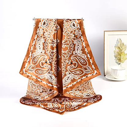 AWAYTR 35” Large Satin Square Head Scarf - 2Pcs Silk Like Floral Head Scarves Square Satin Hair Scarf Bandanas for Women - color: Cashews (Coffee+navy)