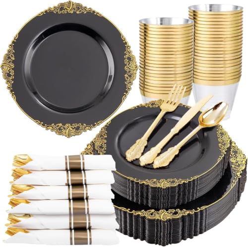 Nervure 175Pcs Black Plastic Plates, Disposable Party Plates for 25 Guests - color: Black, size: 175Pcs(25Guests)