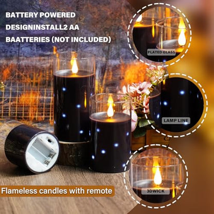 Nimiko Real Wax Flameless Candles Glass,Battery Operated LED Candles with Flickering Flame,Glass Shell,Interior Star Light Decoration Set of 3 Black (D3×H 4" 5" 6") for Home Decor,Holiday Decoration : Tools & Home Improvement