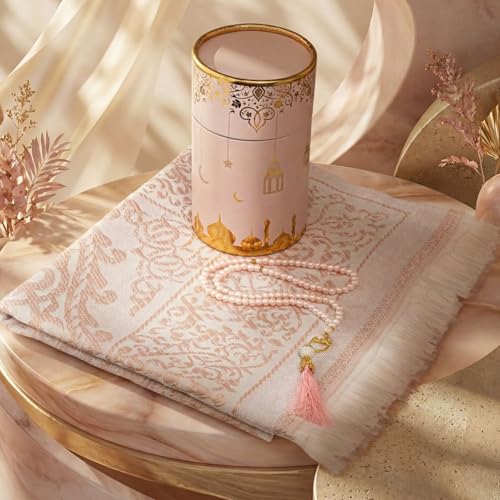 Modefa Islamic Gifts Prayer Mat | Thin Woven Praying Mat Muslim Prayer Rug | Muslim Gifts for Men Ramadan Gifts with Prayer Beads | Ottoman Rug with Cylinder Gift Box Set Ramadan (Light Pink #2) - color: Light Pink