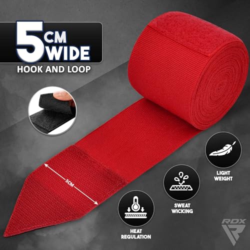 RDX Boxing Hand Wraps 4.5M / 180 Inches – Mexican Style Semi-Elastic MMA Inner Gloves - Wrist Support for Muay Thai, Kickboxing, BJJ, Karate - Thumb Loop & Hook and Loop Closure - Cotton & Nylon Blend - color: Red