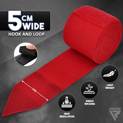 RDX Boxing Hand Wraps 4.5M / 180 Inches – Mexican Style Semi-Elastic MMA Inner Gloves - Wrist Support for Muay Thai, Kickboxing, BJJ, Karate - Thumb Loop & Hook and Loop Closure - Cotton & Nylon Blend - color: Red