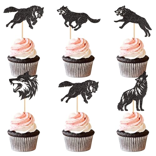 Ercadio 25 PCS Black Wolf Cupcake Toppers Silhouette Black Glitter Cupcake Topper Wolf Cupcake Decoration Picks Animal Theme for Baby Shower Kids Birthday Party Decoration Supplies - color: Wolf Black