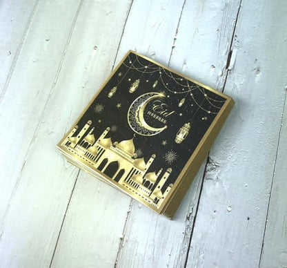 24 Pcs Ramadan and Eid Crescent Moon Party Napkins Ramadan Kareem Eid Mubarak Disposable Napkins, Arabic Design Themed Paper Napkins for Eid Al-Fitr Party Decorations, 6.5" 2-Ply(Black)