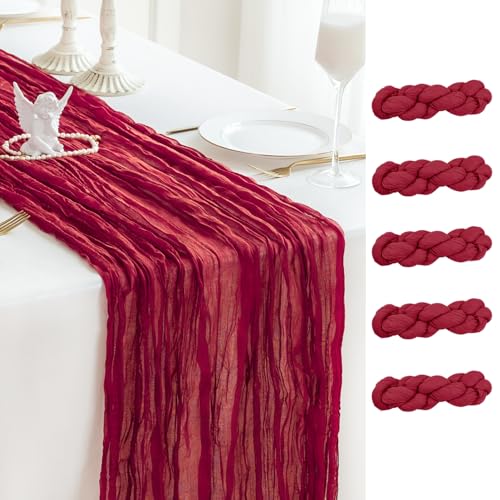 Sioloc Burgundy Red Cheesecloth Table Runner Fall Autumn Decor for Home 10ft Table Cloth for Wedding Birthday Party Bridal Shower Christmas Halloween Thanksgiving - color: Burgundy, size: 5pc