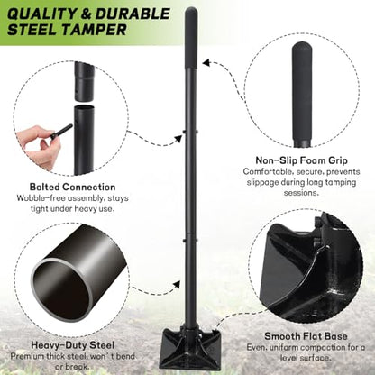 Tamper Tool Heavy Duty, 8x8 Inch Hand Steel Tamper Tool with 59 Inch Handle, Garden Ground Tamper for Leveling Soil, Gravel, Asphalt, Driveway