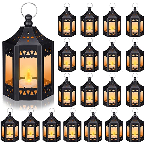 Hortsun 20 Pcs Mini Vintage Lantern Decorative Wedding Table Centerpiece LED Candles Lamp Battery Powered Hanging Tealight Lantern for Home Indoor Outdoor Party Decor(Black) - color: Black