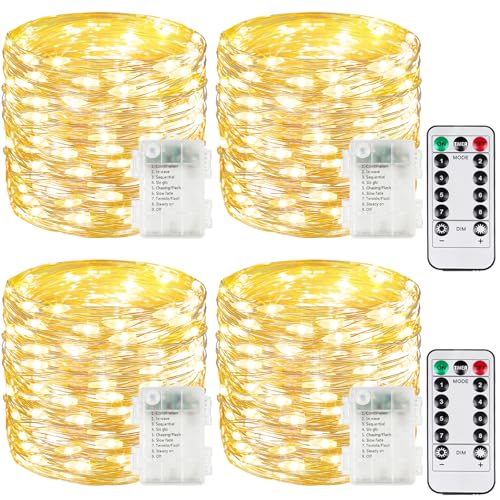 4 Pack 100 LED Fairy Lights Battery Operated with Remote, 8 Modes String Lights Indoor Outdoor, Cuttable Battery Light for Home Bedroom Wedding DIY Centerpiece Christmas Decorations (Warm White) - color: Warm White, size: 4PK（100LED with Remote）