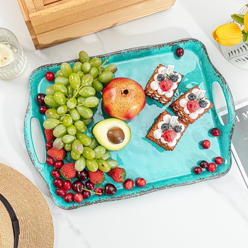 LEHAHA Large Farmhouse Melamine Serving Platters, Serving Tray with Handle for Food, Appetizer, Cupcakes, Dessert, Raised Edge Large Party Platter or TV Dinner Trays, 17.25x12 inch, Set of 2, Teal - color: Teal