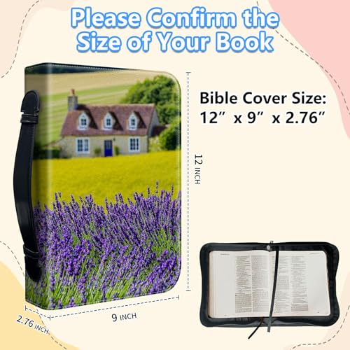 Bible Cover Case for Women, PU Leather Large Bible Cases with Zipper Fits Books Up to 12" x 9" x 2.76”, Bible Carrying Bag for Men, Lavender Garden - color: Lavender Garden