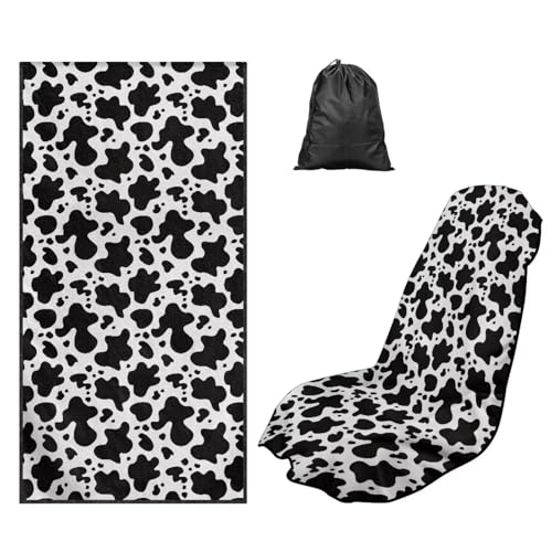 Cow Print Car Seat Towel Cover After Gym Breathable Car Seat Hoodie with Storage Bag 60 x 33 Inch Sweat Towels for Car Seats, Easy to Install - color: Black-Cow Print