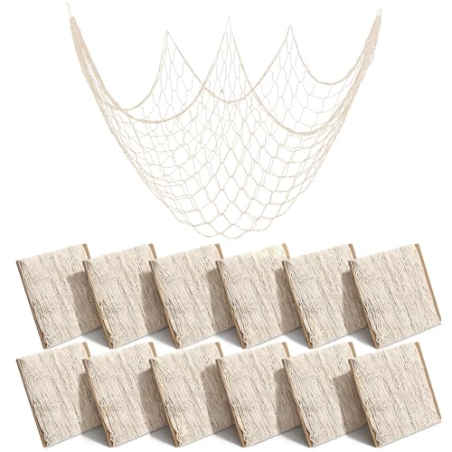 12 Pcs Natural Fish Net Decorations, 80 x 40 Inch Ocean Themed Fishing Net Natural Cotton Decorative Wall Hanging Fishing Nets for Sea Party, Beach Party, Hawaiian, Nautical, Picture (Beige) - size: 12 Pcs