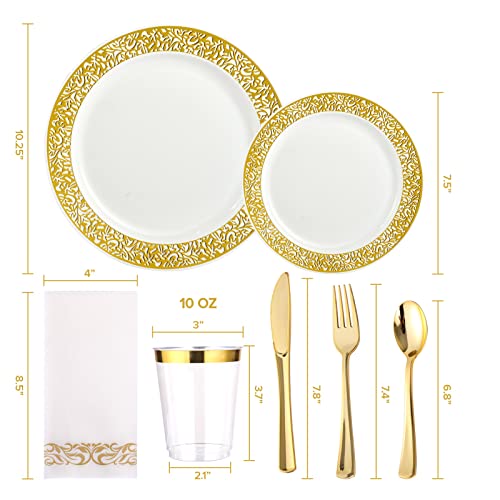 FOCUSLINE 175 Ct Gold Dinnerware Set for 25 Guests, Plastic Plates with Gold Lace Rim Design, Including 25 Disposable Dinner & Dessert Plates, Cups, Napkins, Cutlery Set - color: Gold Dinnerware Set