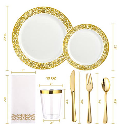 FOCUSLINE 175 Ct Gold Dinnerware Set for 25 Guests, Plastic Plates with Gold Lace Rim Design, Including 25 Disposable Dinner & Dessert Plates, Cups, Napkins, Cutlery Set - color: Gold Dinnerware Set