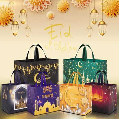 AhfuLife 6 PCS Eid Mubarak Gift Bags, 2 Sizes Eid Tote Bag with Handles, Ramadan Party Bags, Includes 2 Large and 4 Medium Non-Woven Bag for Ramadan Kareem Party Supplies