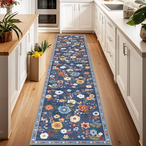 Floral Washable 2x10 Area Rugs Runner Entryway Hallway Blue/Grey - color: Blue/Grey, size: 2' x 10' (Runner)