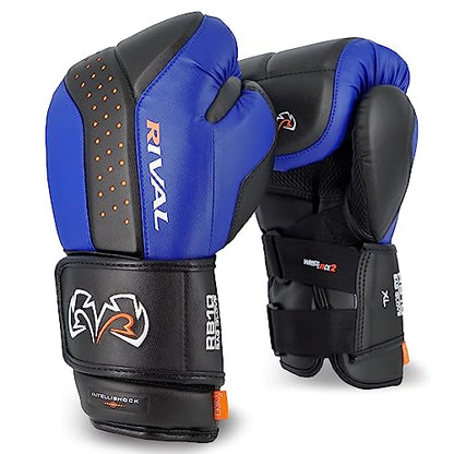 RIVAL Boxing RB10 Intelli-Shock Bag Gloves, Hook and Loop Closure - Ergonomic Fit, 1.25” of Closed Cell Foam for Intense Bag Use - color: Black/Blue, size: Large