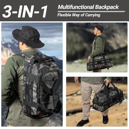 Hannibal Tactical 35L Large Duffle Bag, 3-in-1 Tactical Backpack MOLLE Pack for Sports/Gym/Outdoor, Black Camo - color: Black Camo