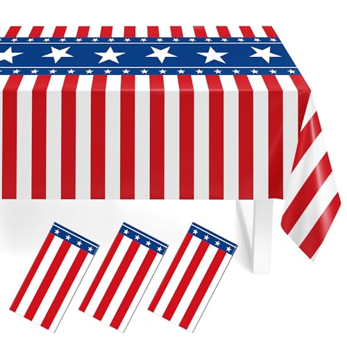 Childom 3 Pack Patriotic Tablecloth 4th of July Decorations,Plastic Disposable Table Cloth 54"x108" for Red White and Blue Decorations, American Flag 4th of July Tablecloth,USA Party Supplies - color: Red