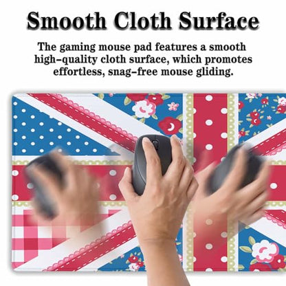 Union Jack Gaming XXL Mouse Pads British Flag Mouse Pad Shabby Chic Floral Style Mousepads Non-Slip Rubber Base Waterproof with Stitched Edges, 35.4" X 15.7" for Work/Game/Office/Home - color: British Flag
