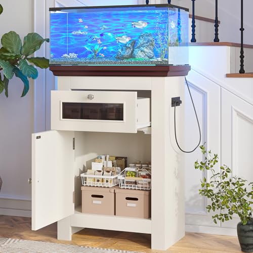 10-15 Gallon Fish Tank Stand - Aquarium Stand with Power Outlets | 198LBS Capacity Fish Tank Table with Storage Cabinet & Drawer, Aquarium Table for Reptile Terrarium Stand Beige