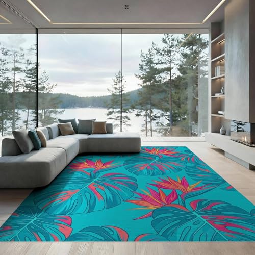 6'x9' Washable Modern Monstera Area Rug, Teal Non-Shedding Pet Friendly Room Rug for Queen Size Bedroom, Under Bed, Master Suite, Foldable Easy Care Carpet | Ref:1991833 - color: Blue/Pattern 26, size: 6' x 9' (Rectangular)