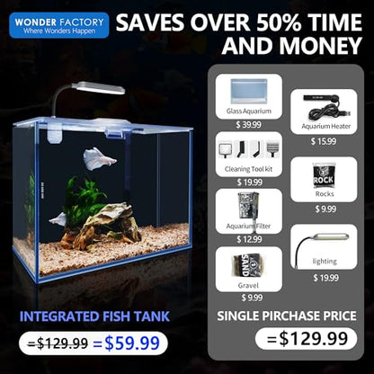 Small Aquarium Set Glass 2.6 Gallon Fish Tank, Starter Kit with Heater Self Cleaning System Efficiency Filter Bright Light Rocks Gravel Cleaning Tool, Leak-Proof Ultra-Clear Rimless Desktop Betta Tank - size: 2.6 Gallon