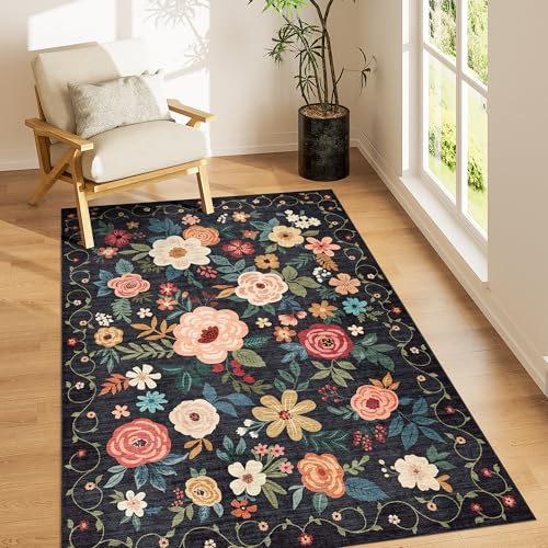 DUKINO 3x5 Area Rug, Floral Washable Rug for Bedroom Non Slip, Black - color: Black, size: 3' x 5' (Rectangular)