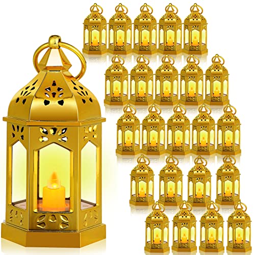 Hortsun 24 Pcs Mini Lantern Decorative with Flickering LED Candle Vintage Hanging Lanterns Battery Powered Light Wedding Diwali Halloween Christmas Centerpiece for Camping Garden Party Decor(Glitter) - color: Glitter