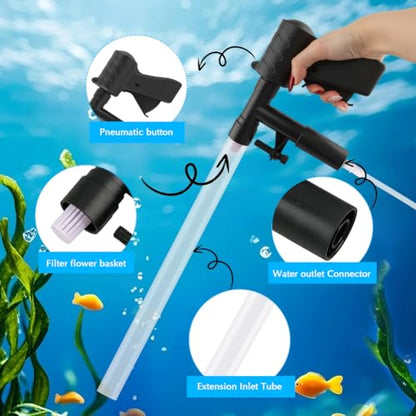 Aquarium Gravel Cleaner, Fish Tank Cleaner Kit, Aquarium Manual Press Noiseless Water Changer, Including Net,Thermometers & Cleaning Accessories for Fish Tank Maintenance