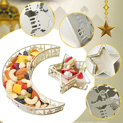 YumSur Ramadan Tray with Eid Mubarak Moon Star Design, Decorative Serving Tray, Islamic Holiday Theme (White) - color: White