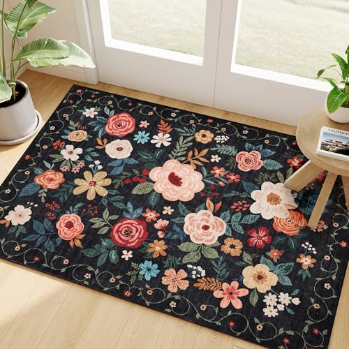 DUKINO 2x3 Door Mat Indoor Entrance, Floral Washable Rug Non Slip, Black - color: Black, size: 2' x 3' (Rectangular)