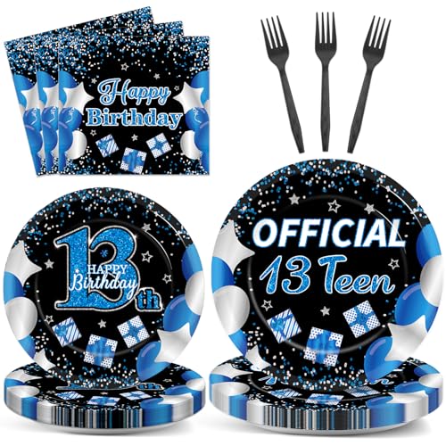 100 Pcs 13th Birthday Decorations for Boys Official Teen 13th Supplies Plates Napkins Forks Set Disposable Blue 13th Birthday Tableware Paper Plates Dinnerware for Kids Teenager Favors Serve 25 - style: 13th Birthday