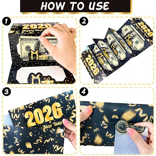 2026 New Year Money Envelopes for Cash Gifts Happy New Year Party Supplies 6PCS New Year's Eve Gifts Card Money Holder Black and Gold Surprise Cash Envelopes for Countdown Party