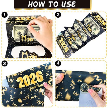 2026 New Year Money Envelopes for Cash Gifts Happy New Year Party Supplies 6PCS New Year's Eve Gifts Card Money Holder Black and Gold Surprise Cash Envelopes for Countdown Party