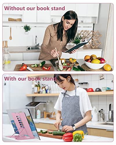 MSDADA Desk Book Stand Metal Reading Rest Book Holder Adjustable Cookbook Documents Holder Portable Sturdy Bookstands for Recipes Textbooks Tablet Music Books with Page Clips (Light Pink) - color: Light Pink