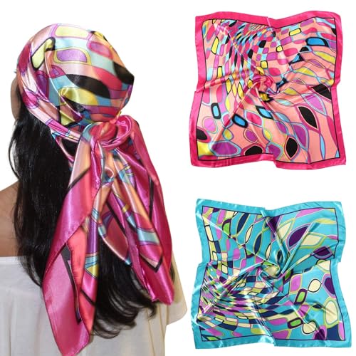 AWAYTR 35” Large Satin Square Head Scarf - 2Pcs Silk Like Floral Head Scarves Square Satin Hair Scarf Bandanas for Women - color: Elliptical Grid(rose+blue)